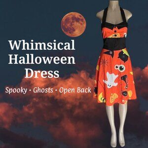 🎃Whimsical Halloween Halter Dress – Ghosts, Cats, Pumpkins • Open Back • Size M